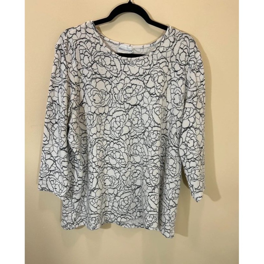 Rebecca Malone Floral Knit Top XL White Black